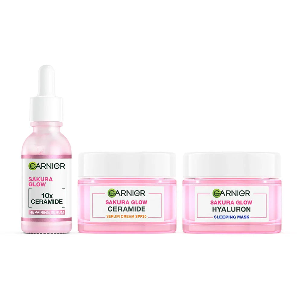 Garnier Set 3 Items Sakura White Hyaluron Booster Serum 30ml + Day Cream 50ml + Night Cream 50ml