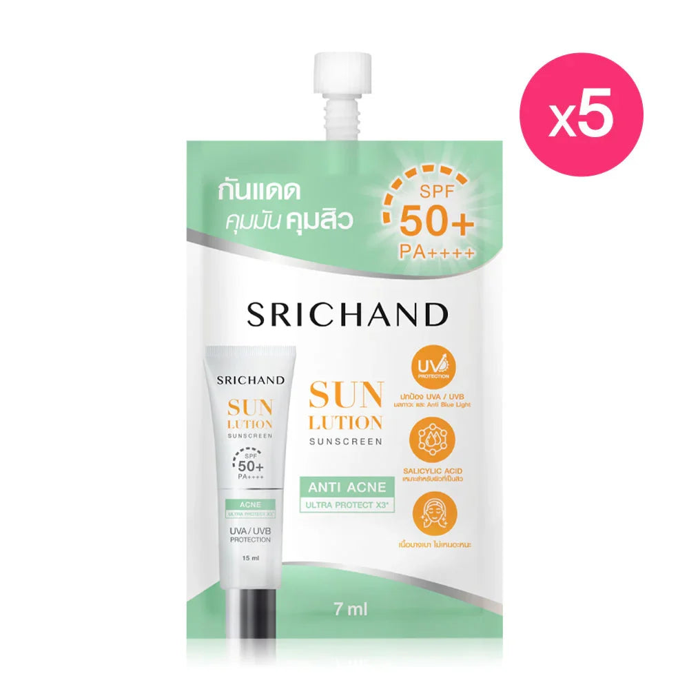 Srichand Sunlution Acne Care Sunscreen SPF50+ PA++++ 7ml x 5 Sachets